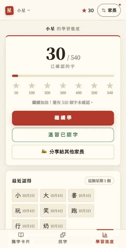 The progress view: 30 of 540 characters confirmed, with star milestones along a progress bar.